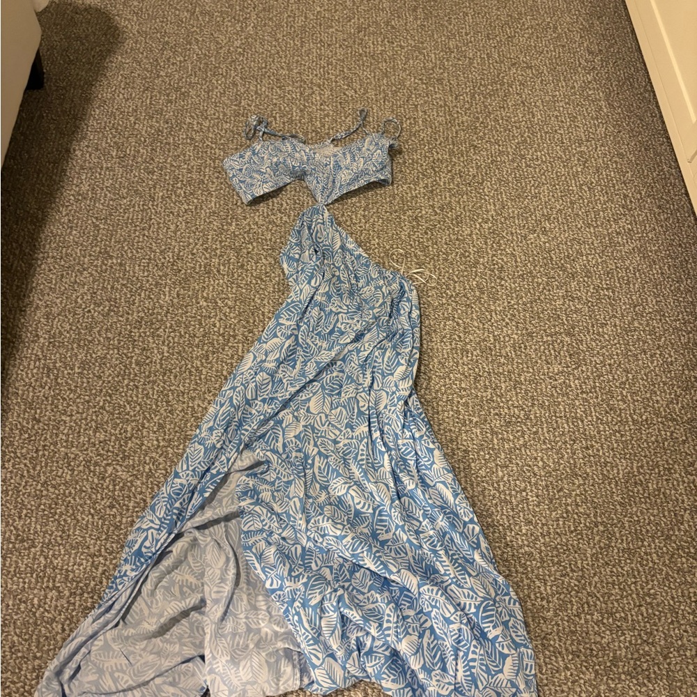 Chic Blue Leaf Pattern Maxi Dress